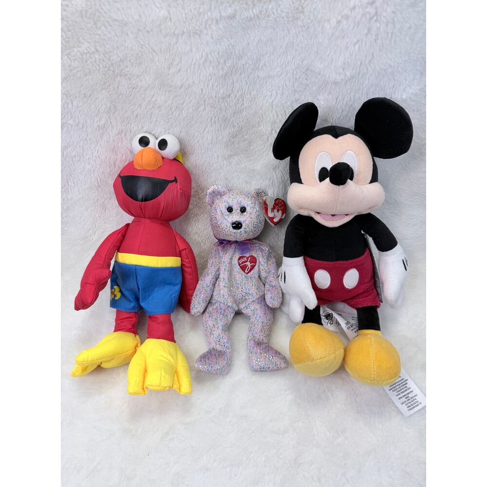 Lot of 3 Disney Mickey Mouse Sesame Street Elmo Ty Beanie Bear Plush
